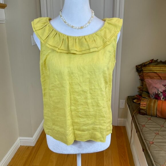 Hobbs London Top Blouse Linen Sleeveless Yellow Button Back Ruffle Collar (10) - Picture 1 of 6